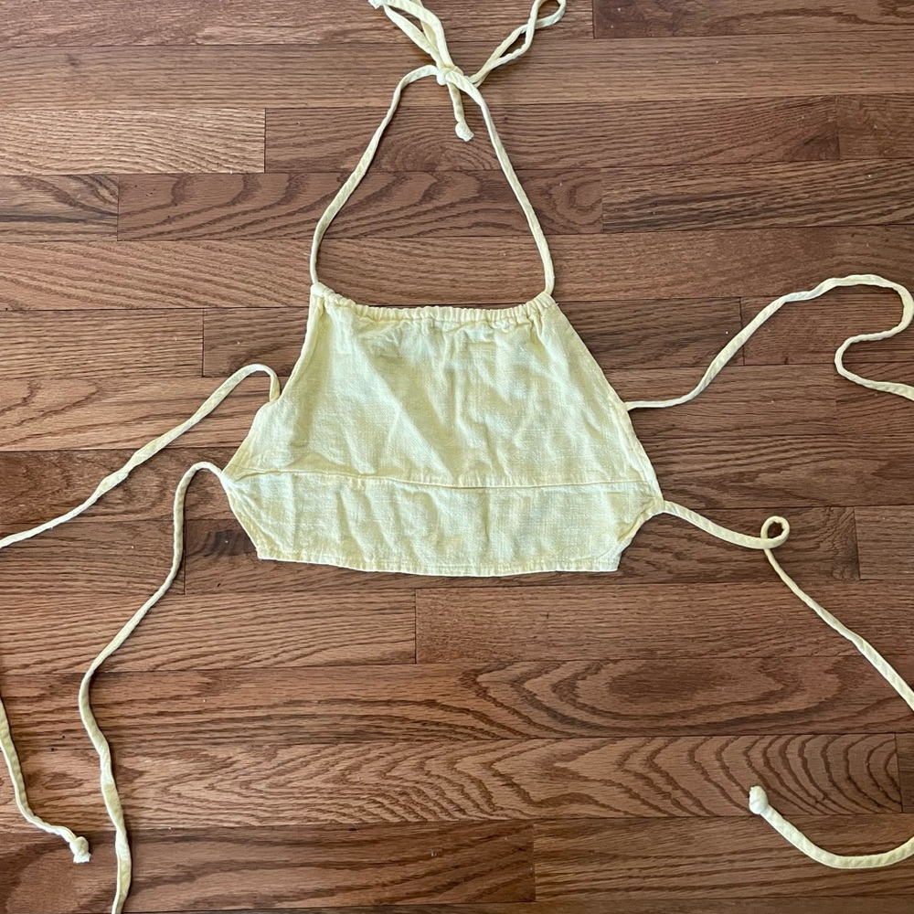 La Hearts Light Yellow Linen Blend Halter Tie Back Crop Top Size XS Adjustable